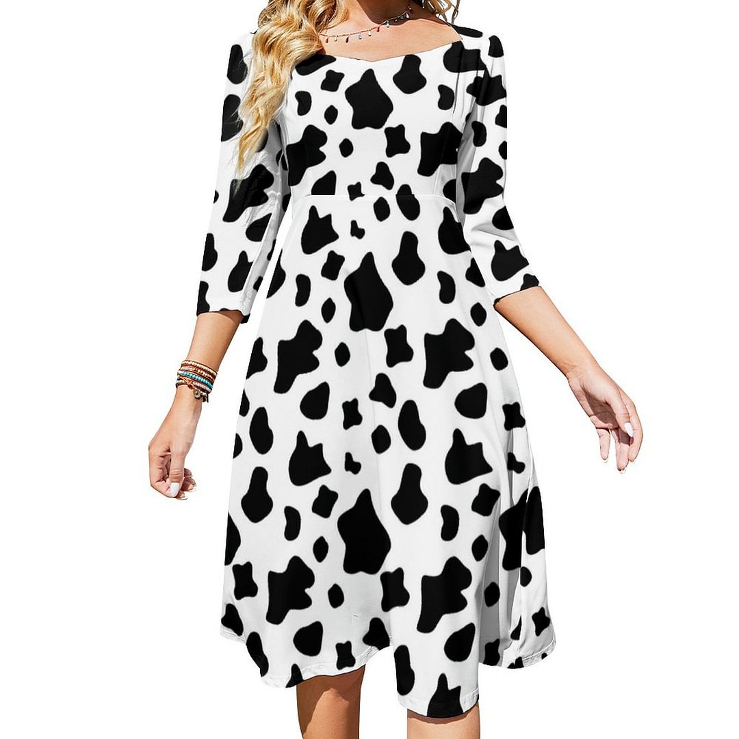 Funny Cow Spots Pattern Animal Fur Theme Clothes Dress Sweetheart Tie Back Flared 3/4 Sleeve Midi Dresses