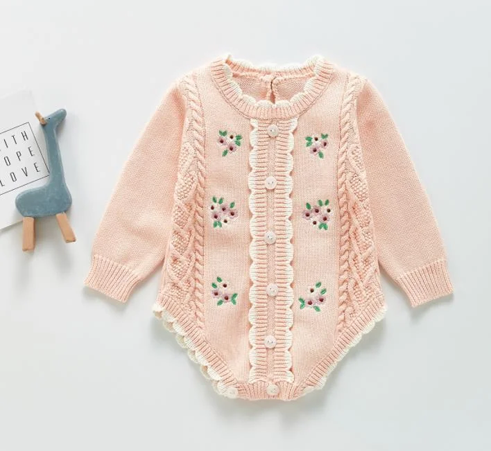 Baby Girls Knitted Bodysuit 2021 Spring Infant Newborn Long Sleeve Solid Ruffled Jumpsuit Outfit Set Baby Spring Autumn Clothing