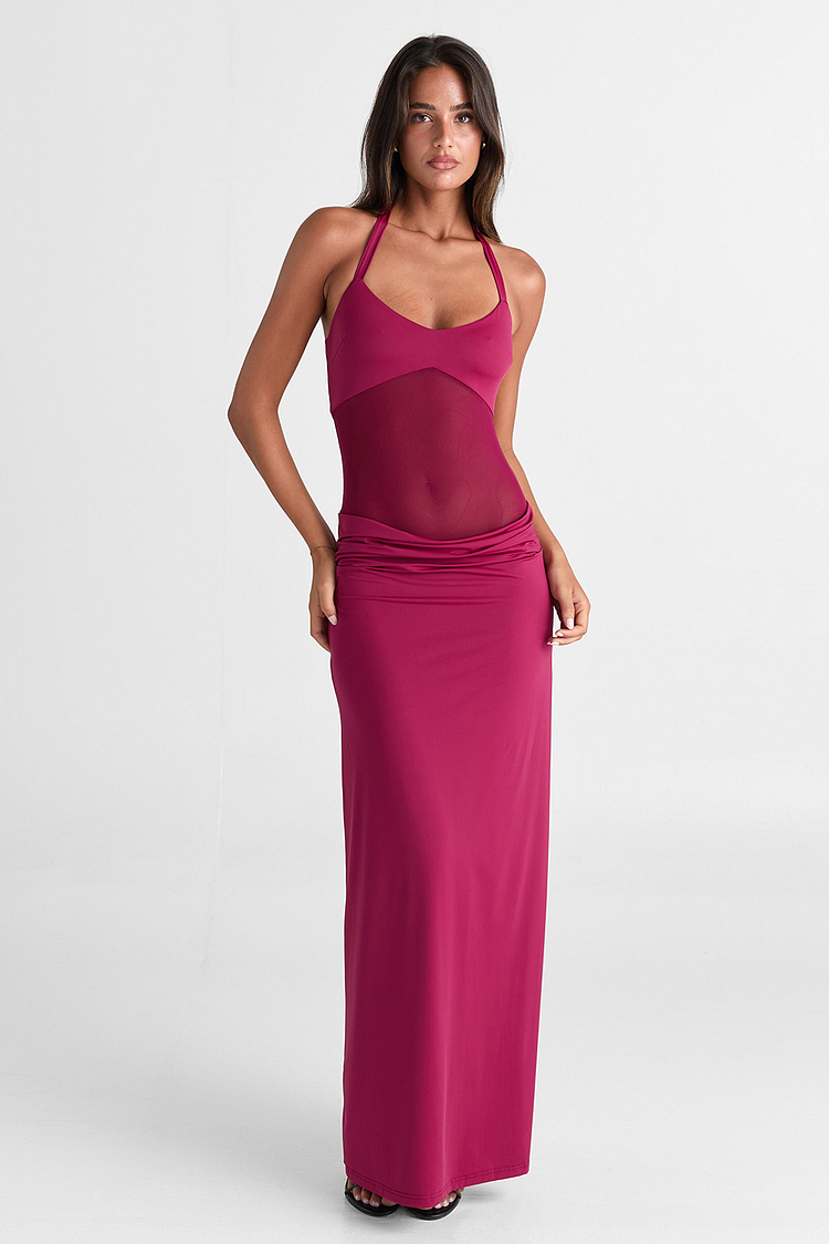 Sheer Mesh Patchwork Slim Fit Halterneck Knit Maxi Dresses-Fuchsia [Pre Order]