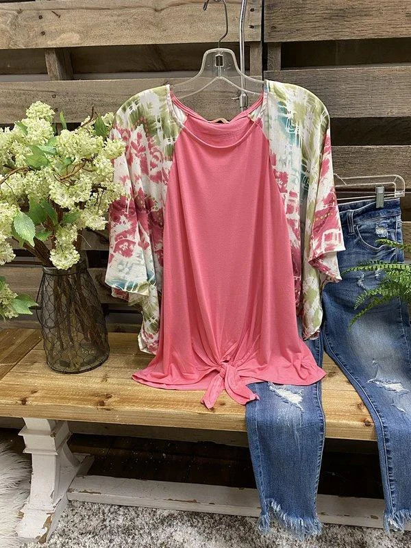 Pink Ombre/tie-Dye Cotton Crew Neck Short Sleeve Shirts & Tops-Mayoulove