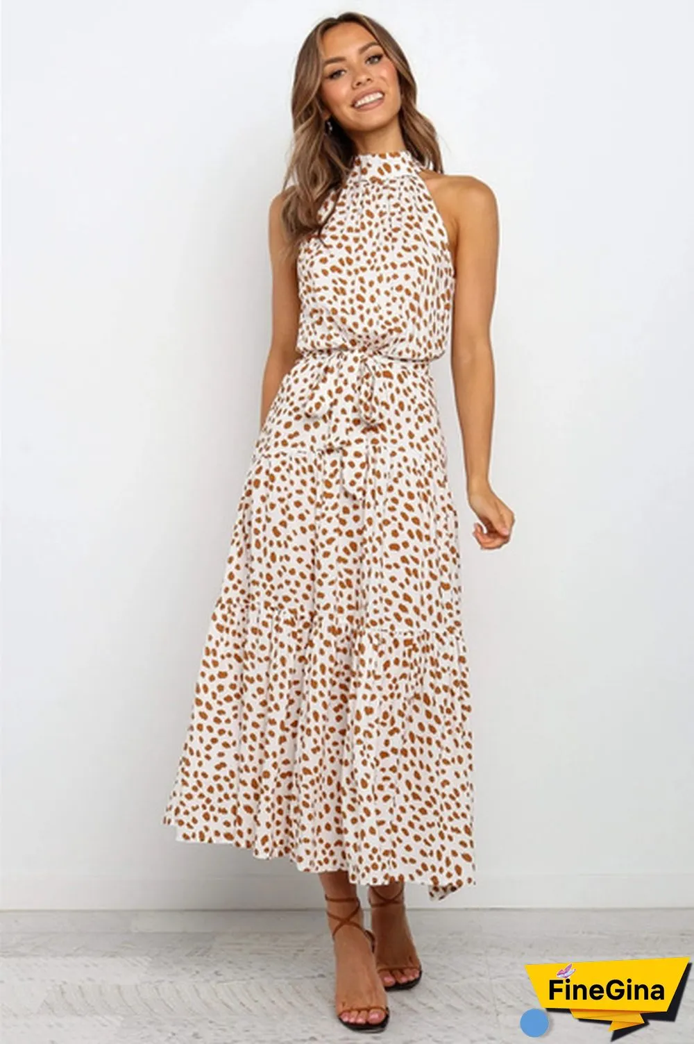 Plus Size Elegant Ladies Dress Sleeveless Collect Waist Polka Dot Long Boho Casual Beach
