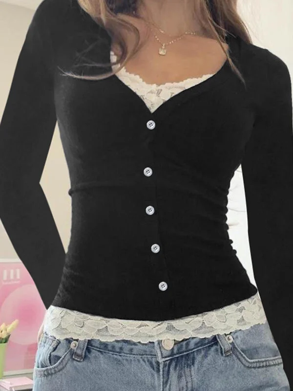 Brownm Colors Vintage Two-Piece Look Lace Patchwork Long Sleeve Shirt
