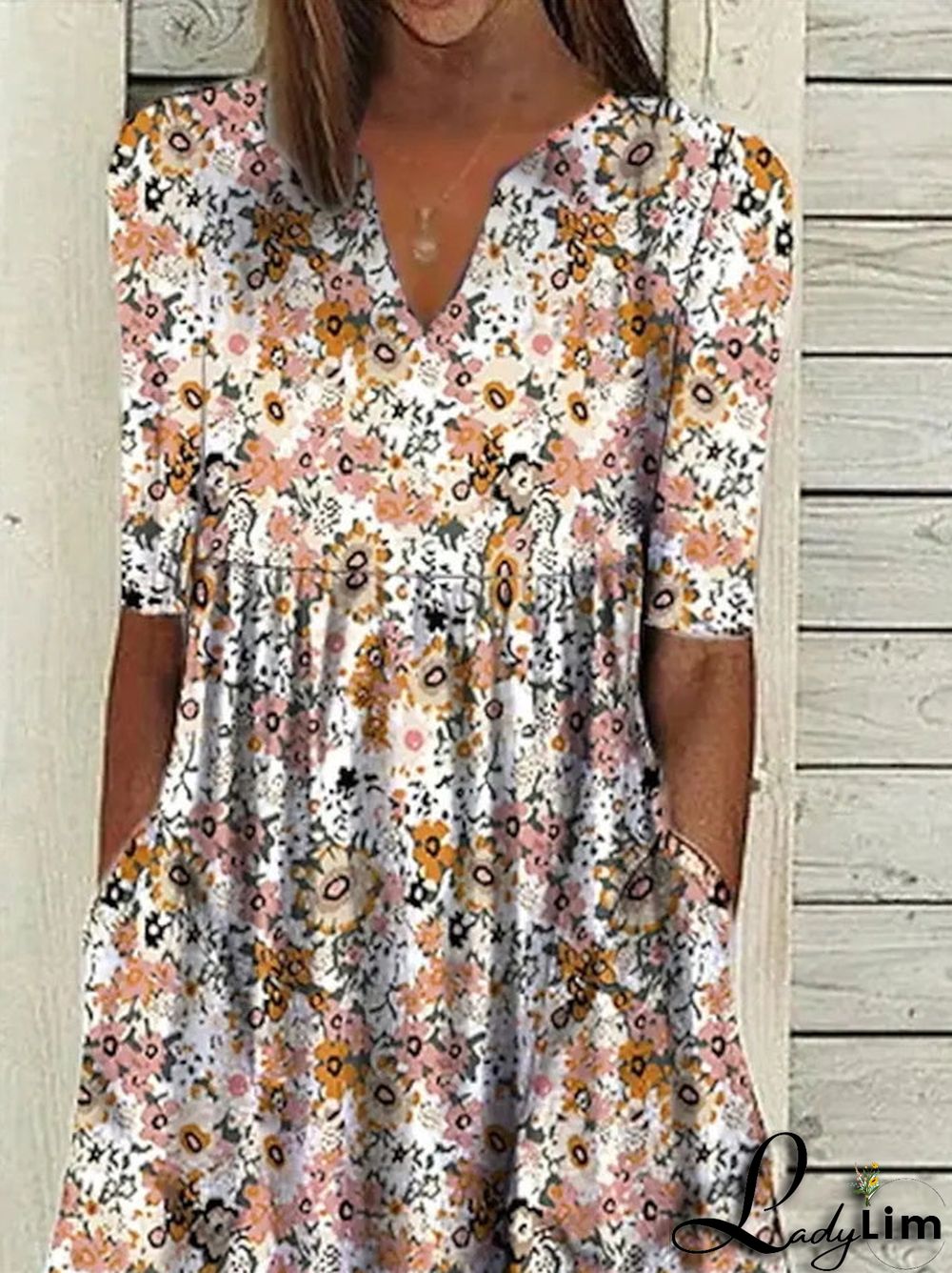 Women's Floral Short Sleeve V-neck Floral Printed Midi Dress with Pockets
