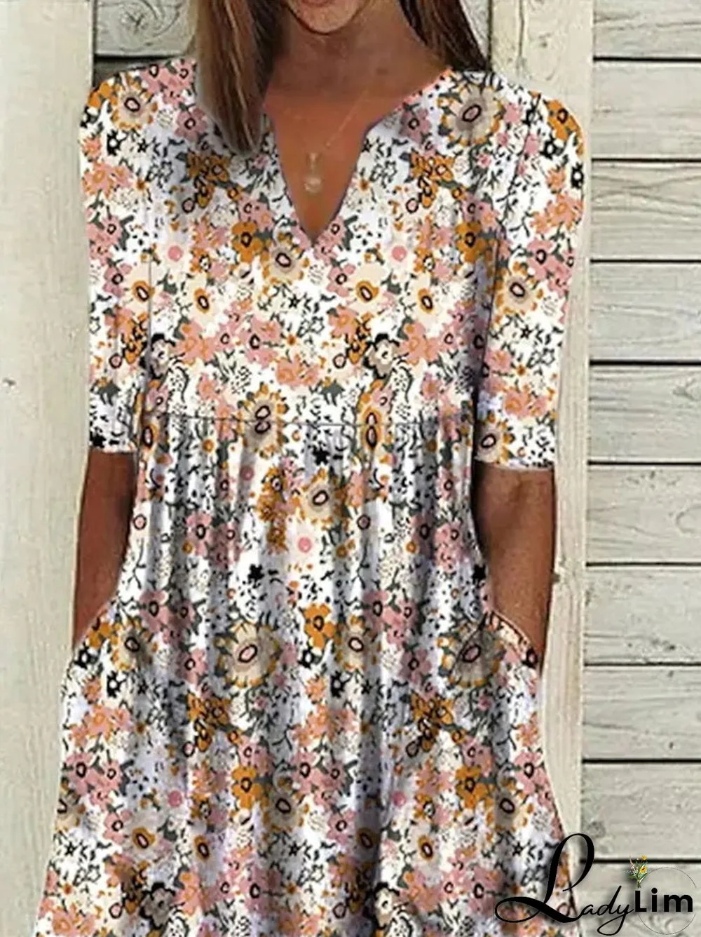 Women's Floral Short Sleeve V-neck Floral Printed Midi Dress with Pockets