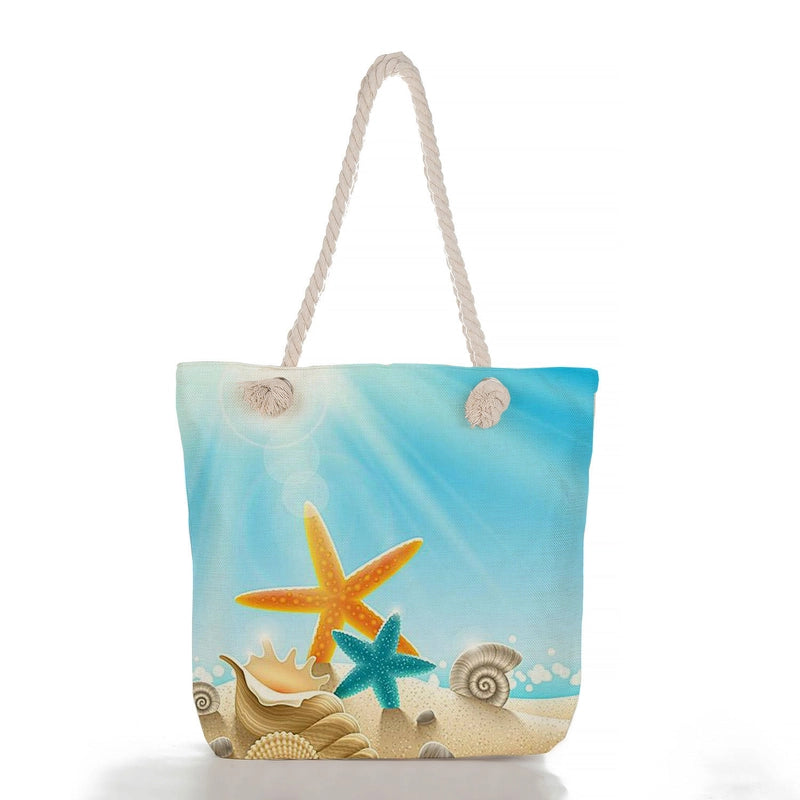 Women's Medium Linen Starfish Beach Shell Beach Classic Style Square Zipper Tote Bag Beach Bag