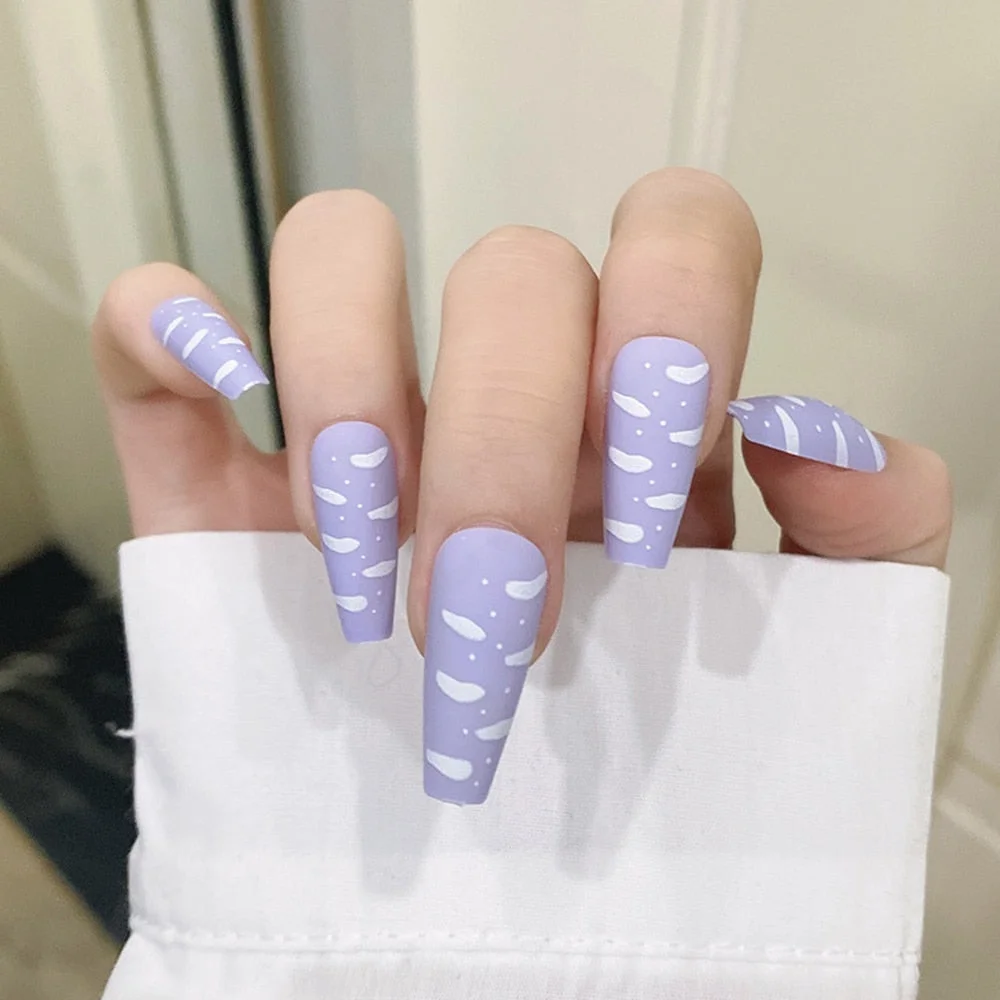 24Pcs Purple Sky White Cloud Press on False Nails Long Ballerina Coffin Matte Frosted Artificial Fake Fingernails Extention Tool
