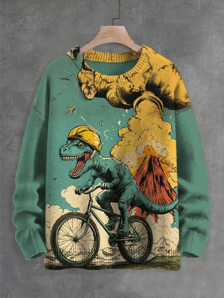 Men's Volcano Eruption Dinosaur Cycling Print Knit Sweatshirt