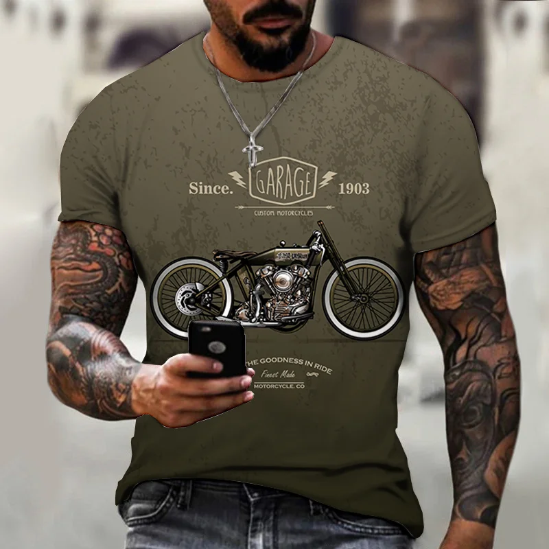Retro Motorcycle Patterns Series Summer Loose Short Sleeve Men's T-Shirts-VESSFUL