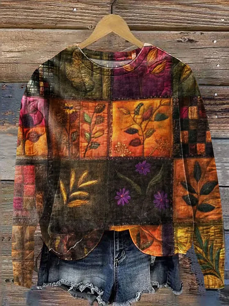 Vintage Lovely Floral Patchwork Art Print Casual  Sweatshirt