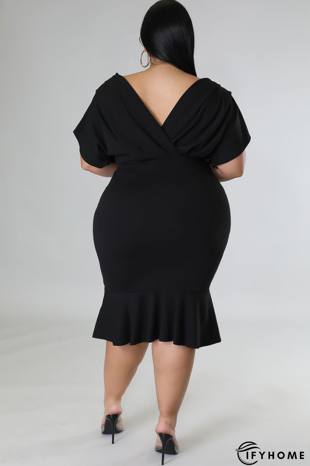 Black Plus Size Pleated V Neck Ruffle Hem Bodycon Dress | IFYHOME