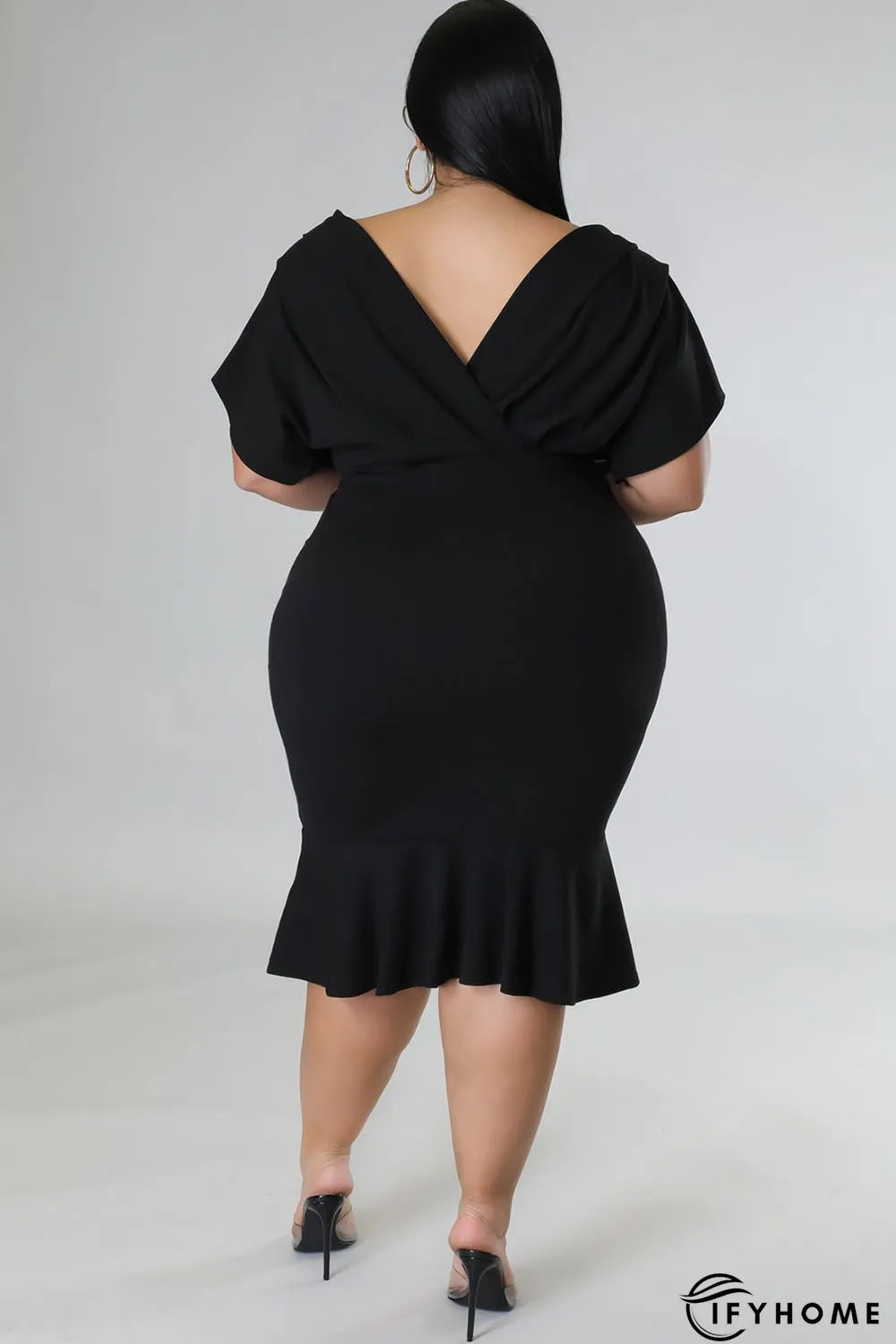 Black Plus Size Pleated V Neck Ruffle Hem Bodycon Dress | IFYHOME