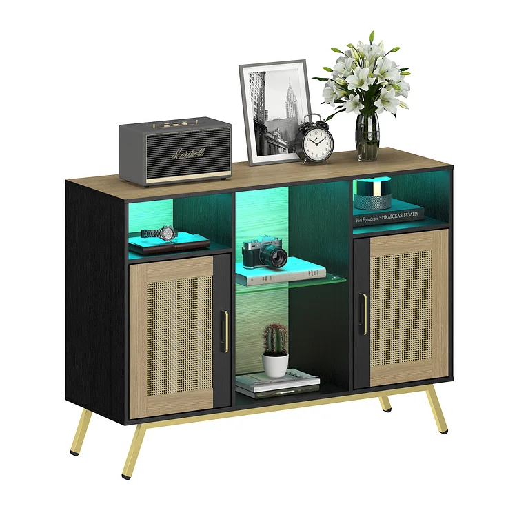 Buffet Cabinet with Storage, Accent Rattan Cabinet, Sideboard Storage Cabinet with Doors and Open Shelves, 41.73" Entryway Cabinet with LED Strips for Living Dining Room, Hallway, Home Office