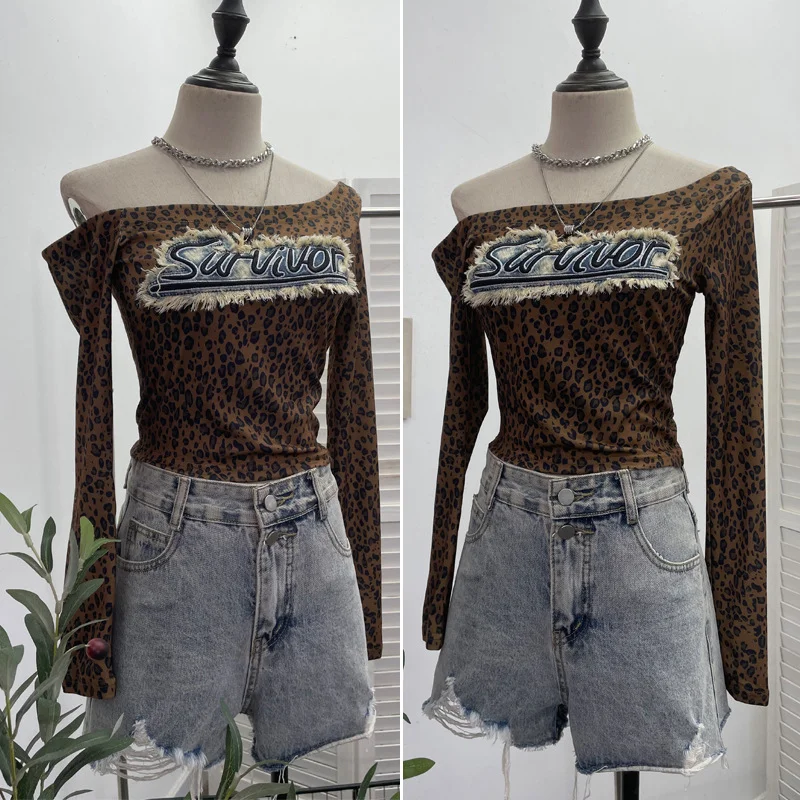 Nigikala Nigikala Girls Letter Sticker Leopard Long-Sleeved T-Shirt 2025 Autumn New Thin Short Top 1112