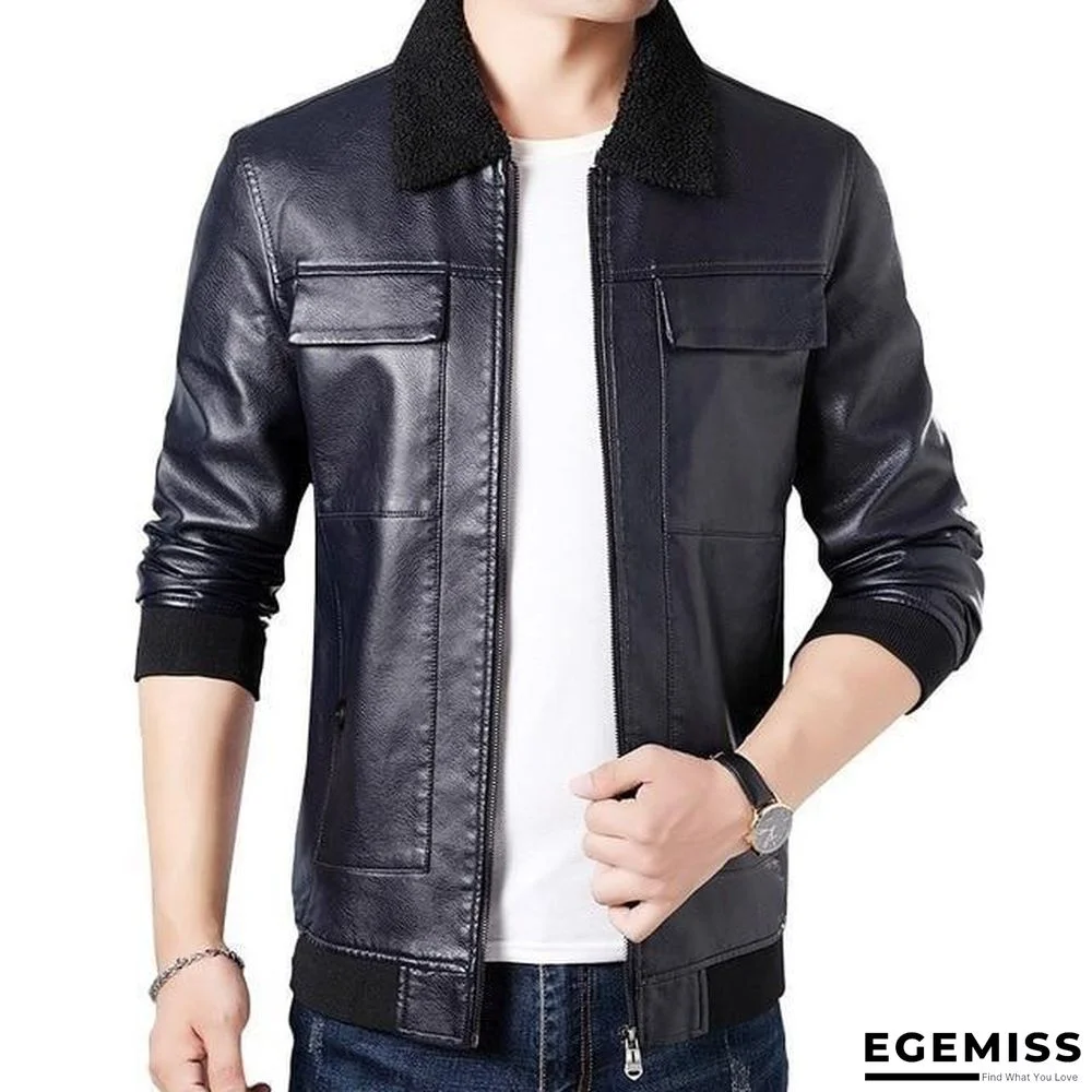 Men Pockets Casual Motorcycle Faux Leather Jacket Coat Men Fleece Collar Leather Jackets | EGEMISS