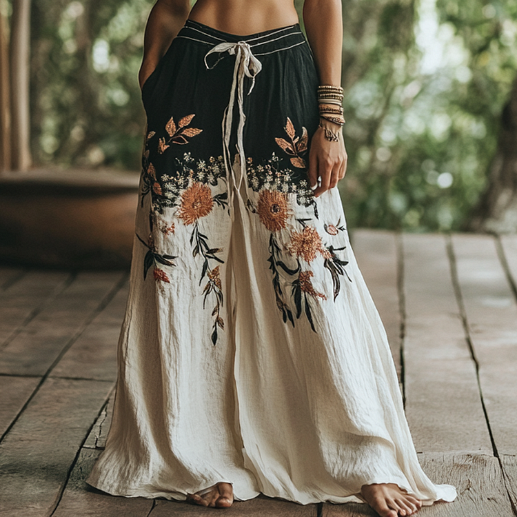 Utbros Vintage Bohemian Floral Art Printed Cotton Linen Wide Leg Pants