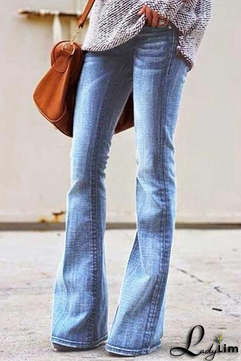 Work Solid Ripped Mid Waist Boot Cut Denim Jeans