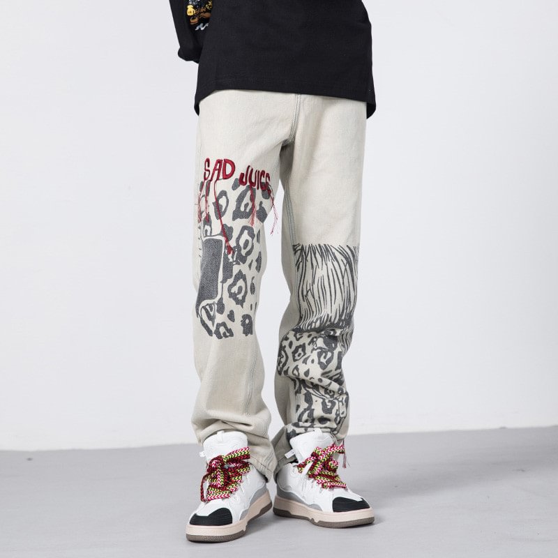 Retro washed distressed embroidered casual jeans men's high street loose straight pants