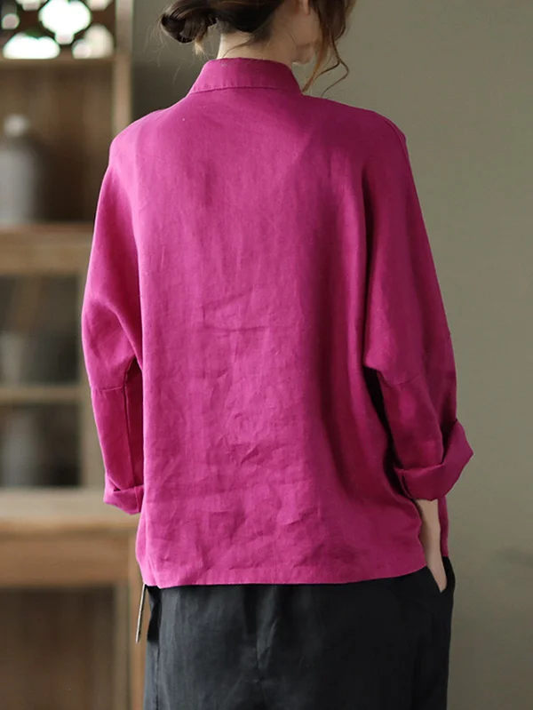 Linen Lapel Long Sleeve Blouse Tops