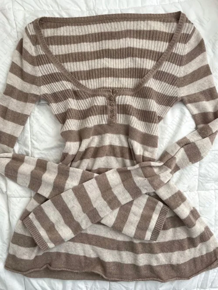 Aonga Striped casual pattern sweater cotton chic grunge punk Y2K top street high street rock aesthetic retro hop fashion women sweater aonga