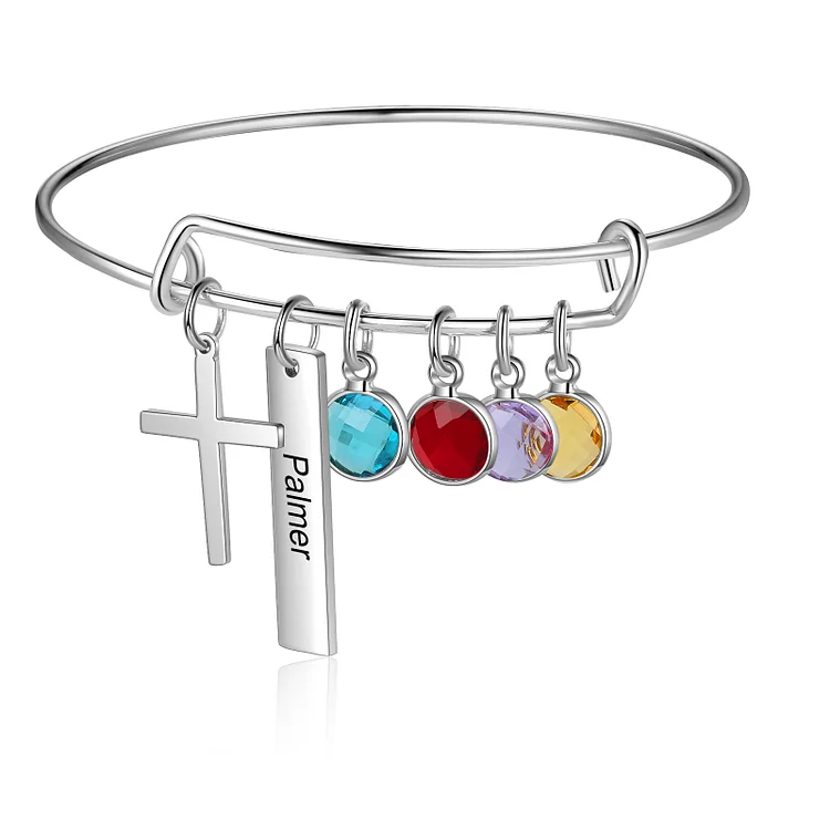 Personalized Cross Bracelet Bangle with 4 Birthstones for Her