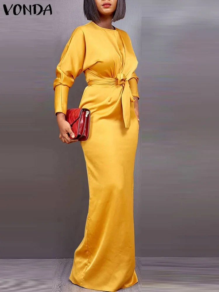 Satin Silk Dress Ladies Round Neck Long Sleeve Pleated Tunic Dresses VONDA Women Loose Solid Vestido Satin Robes Longue Oversize
