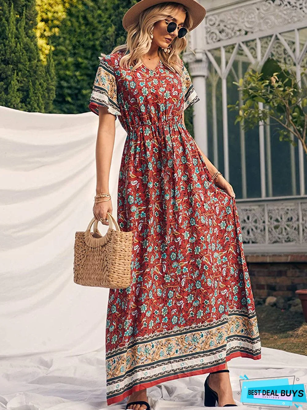Bohemian Print V-neck Waist Dress Resort Beach Dress