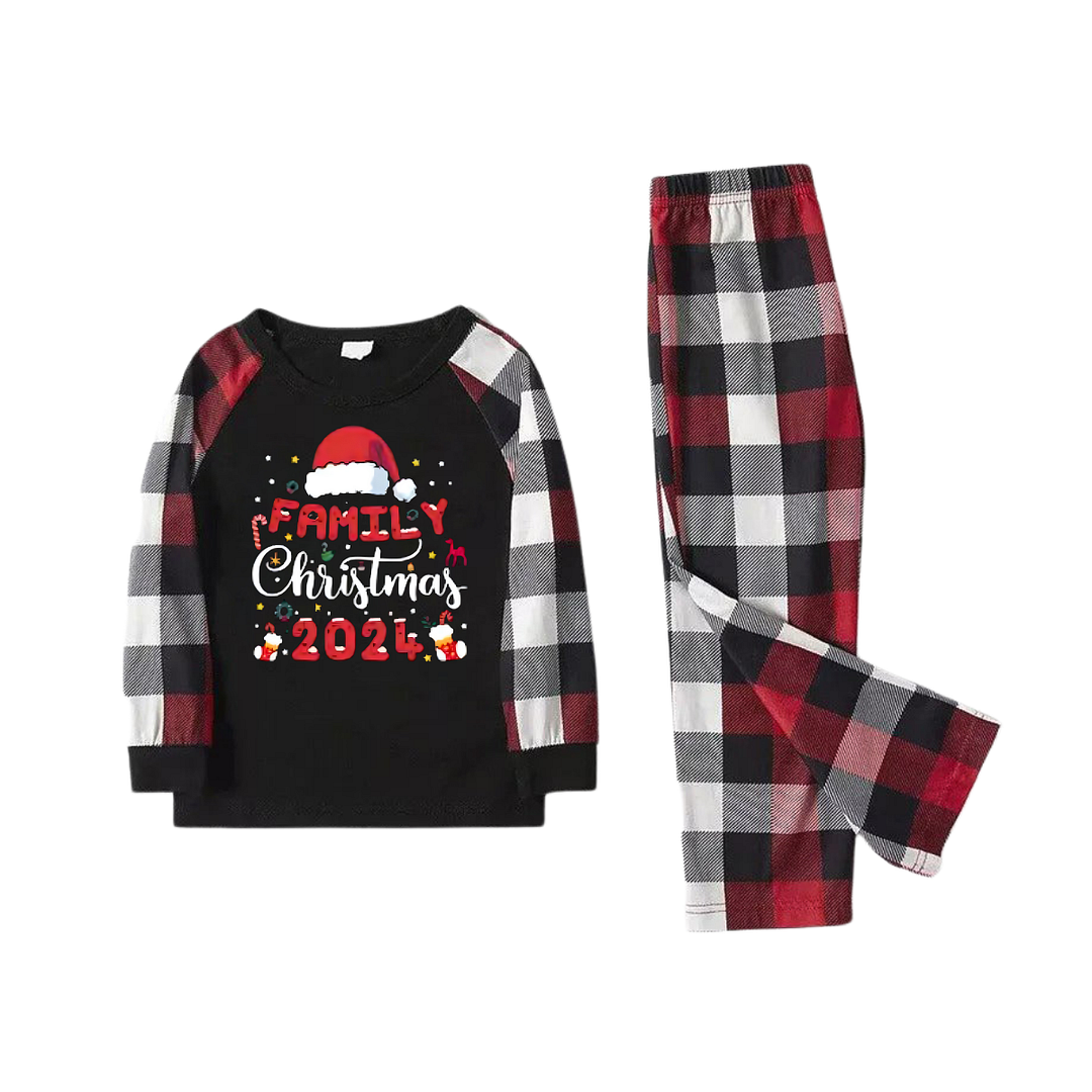 "Family Christmas 2024" with Santa Hat Pattern Ⅱ- Red&Black&White Plaid  Matching Pajamas