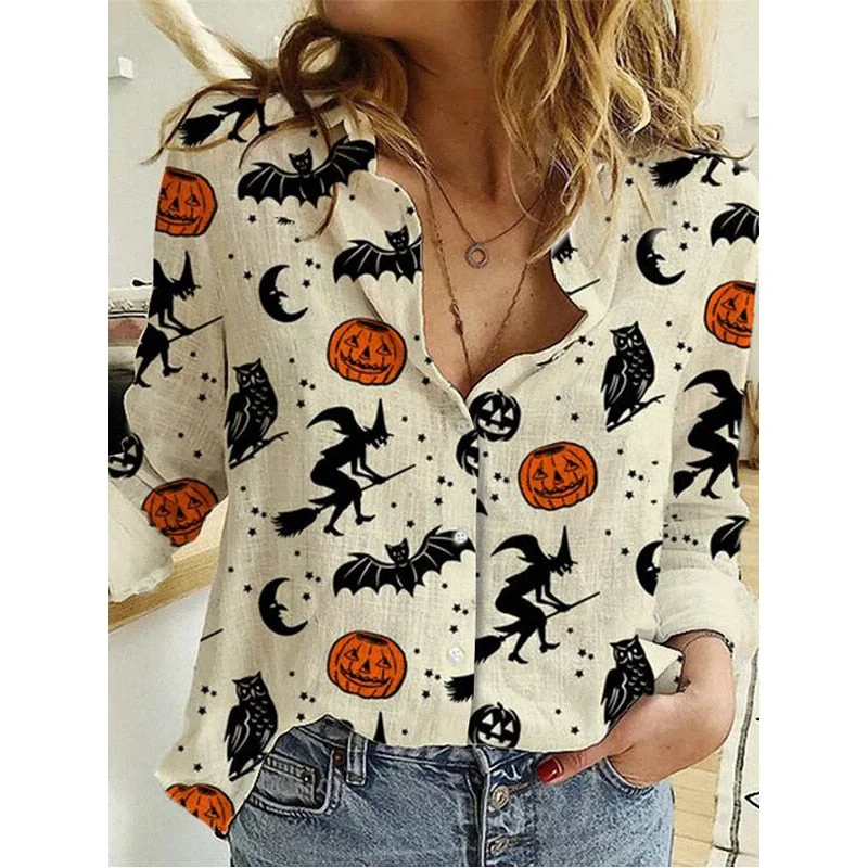 Gothic Pumpkin Bat Print Long Sleeve Shirt SP16361