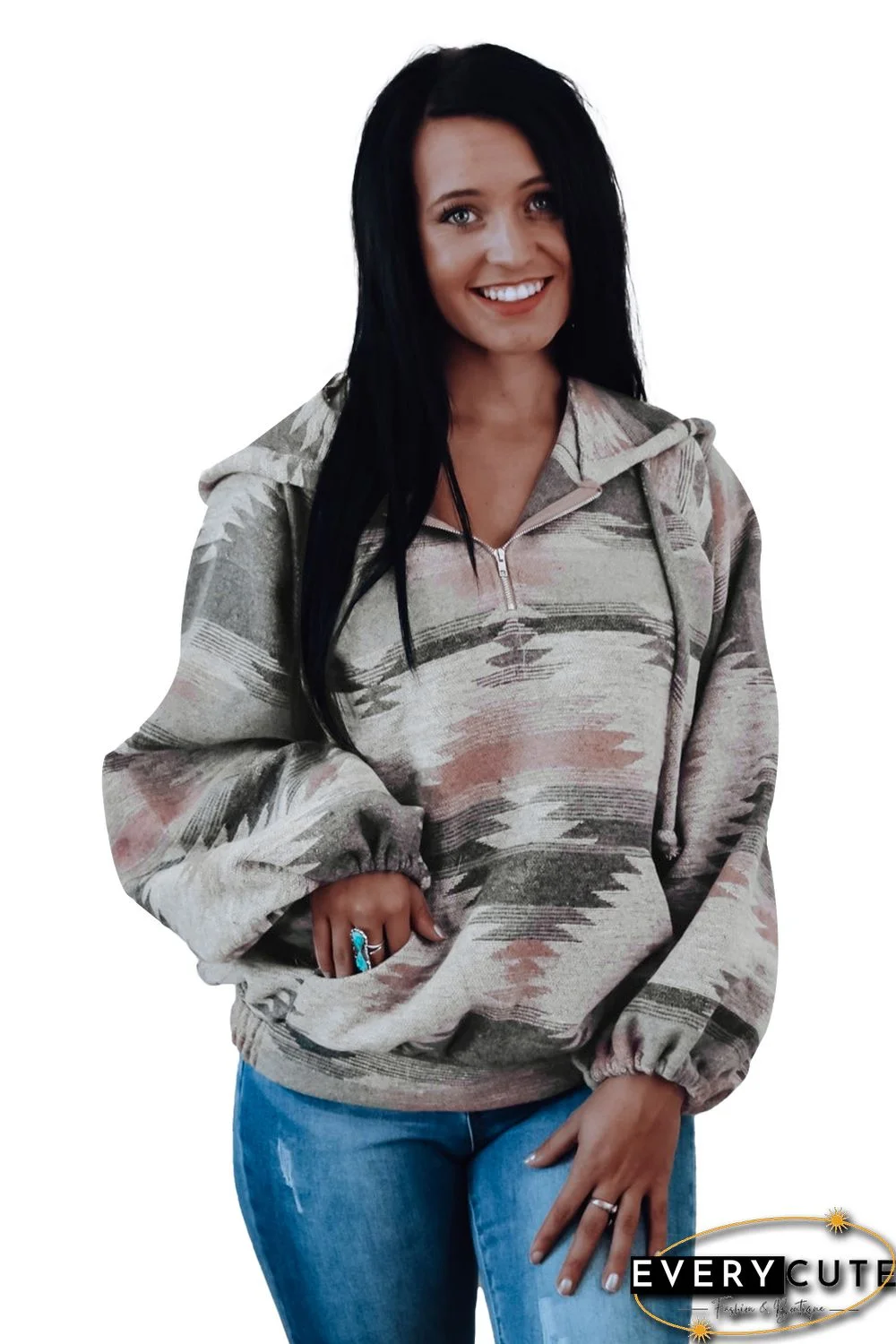 Aztec Print Quarter Zip Kangaroo Pocket Pullover Hoodie