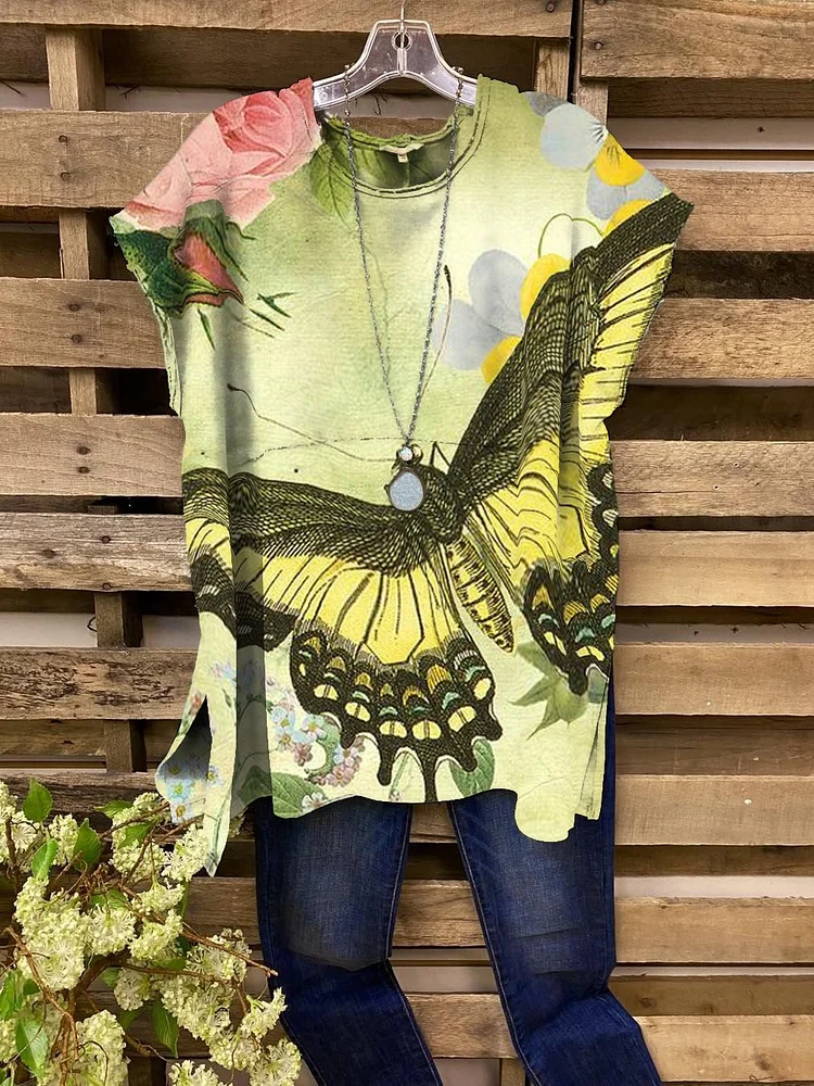 Female Yellow Light Retro Butterfly Casual Short Sleeve-Mayoulove