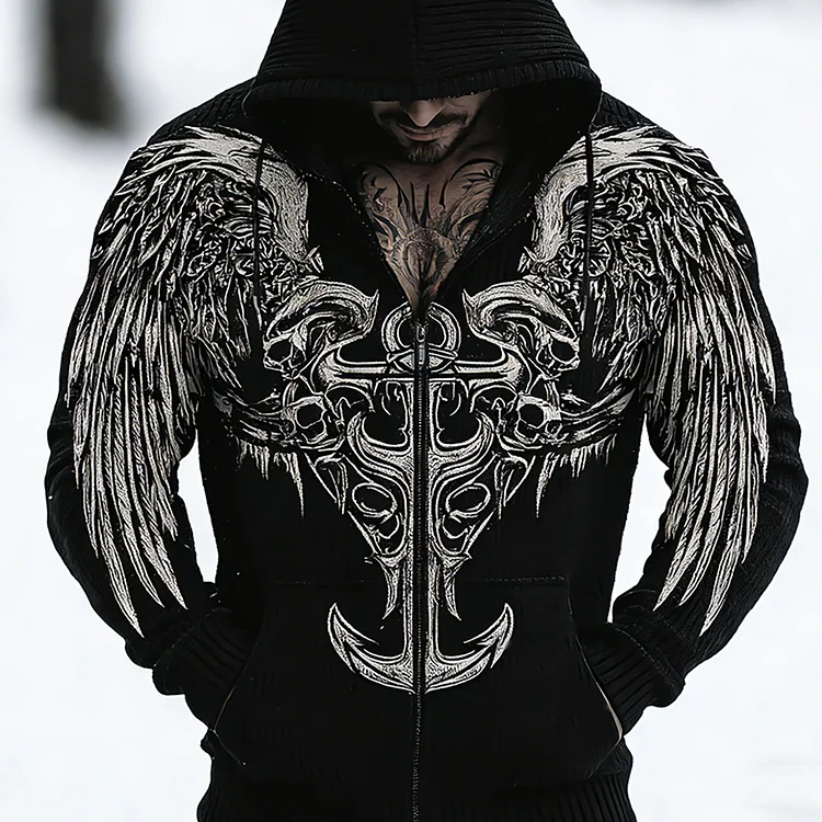 Vintage Viking Gothic Style Anchor Design Men's Hooded Knit Sweater Coat