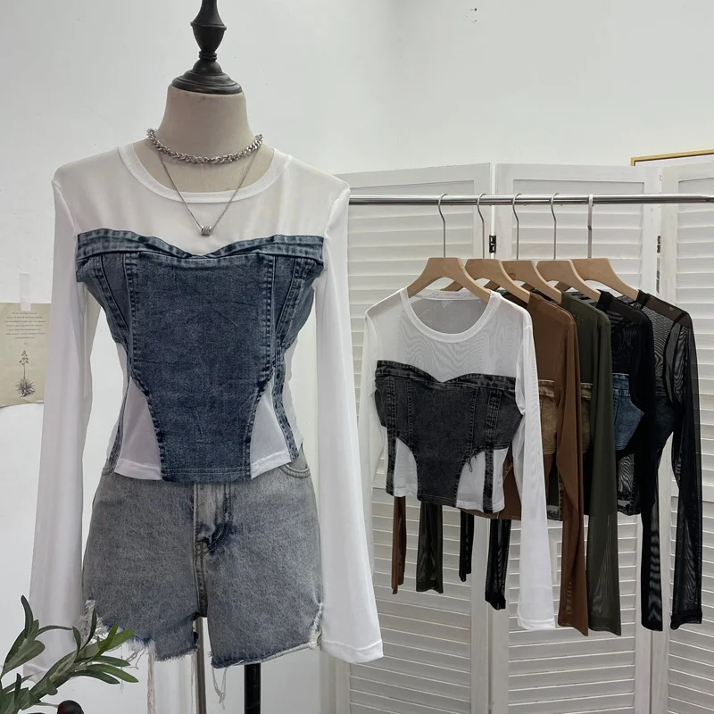 Uveng Spice Girls Design Sense Net纱 Stitched With Denim Blouse Long-Sleeved Bottom Shirts To Dress Short Niche T-Shirt 2633