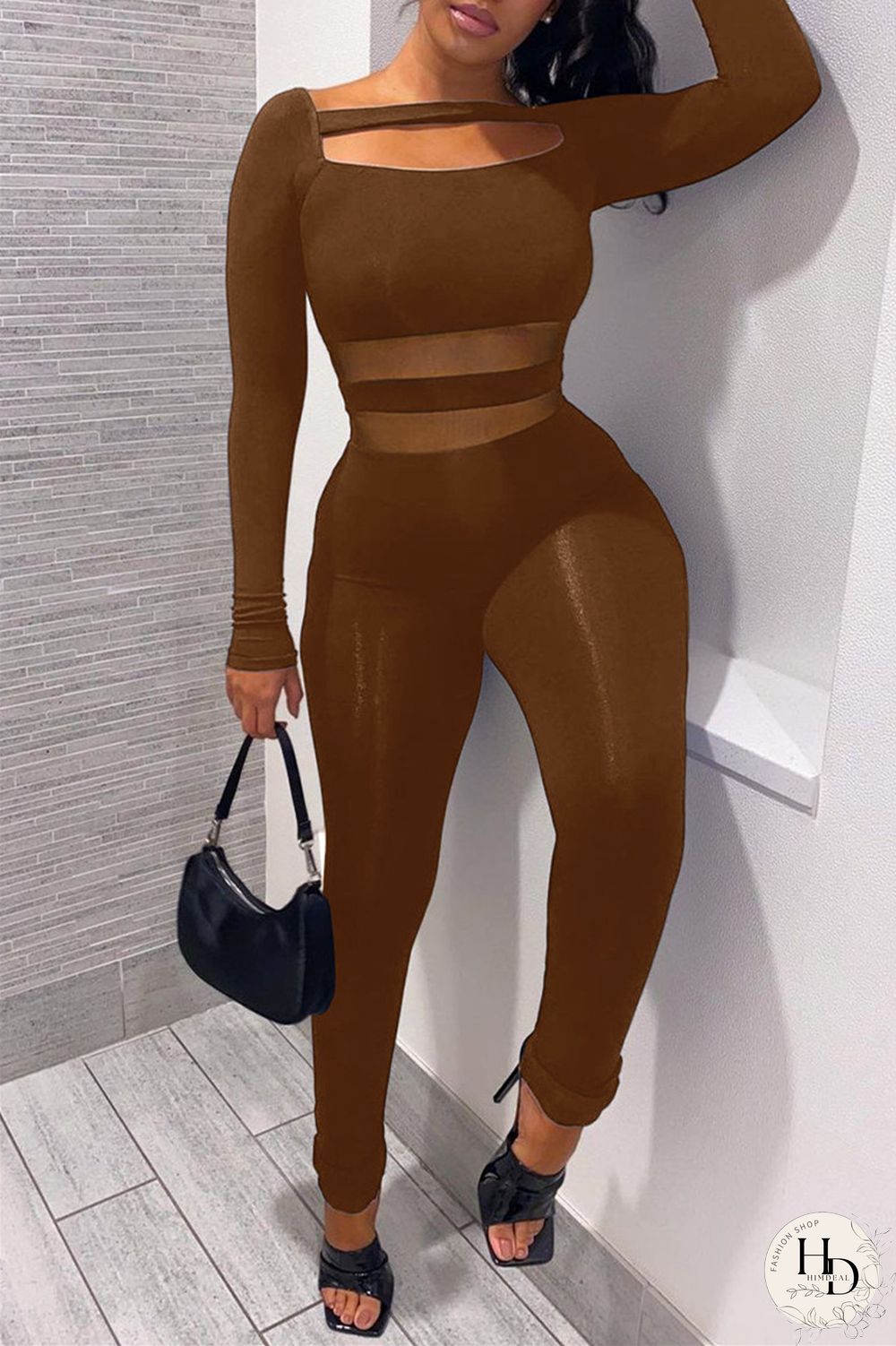 Black Fashion Casual Patchwork Solid Hollowed Out O Neck Skinny Jumpsuits