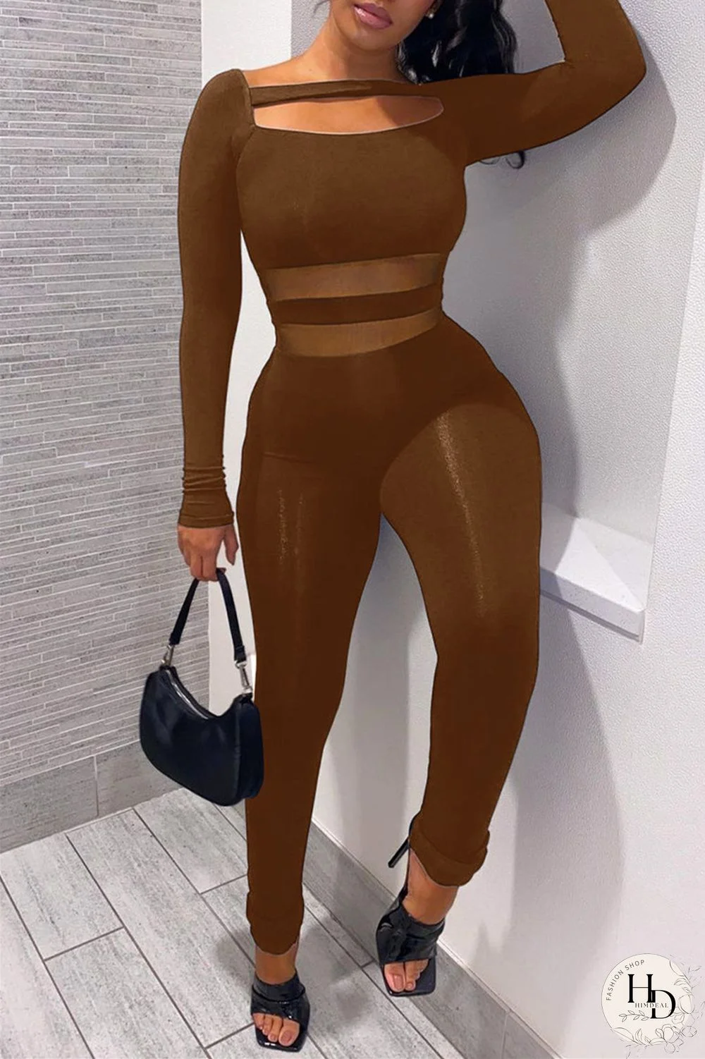 Black Fashion Casual Patchwork Solid Hollowed Out O Neck Skinny Jumpsuits