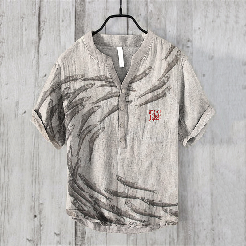 Japanese Shoal Of Fish Art Graphic Linen Blend Shirt wearshes
