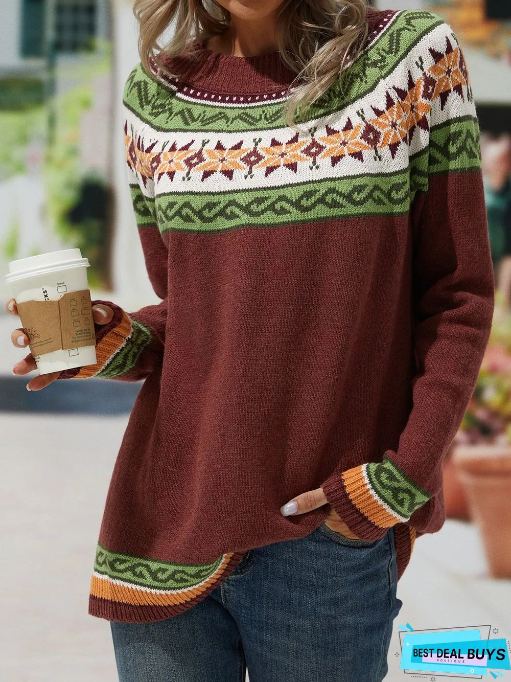 Cotton Long Sleeve Geometric Tunic Sweater Knit Jumper
