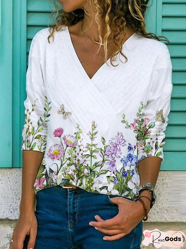 Casual Cotton-Blend Floral-Print Long Sleeve Tops