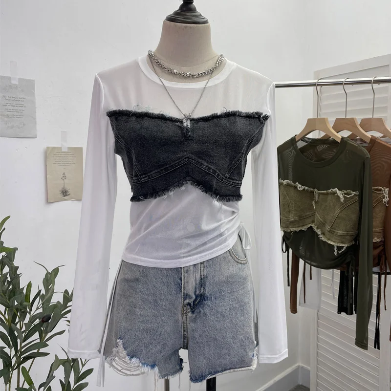 Uveng Vintage Spice Girls Stomee Net Yarn Sexy Perspective Drawstring Long-Sleeved T-Shirt Top 2630