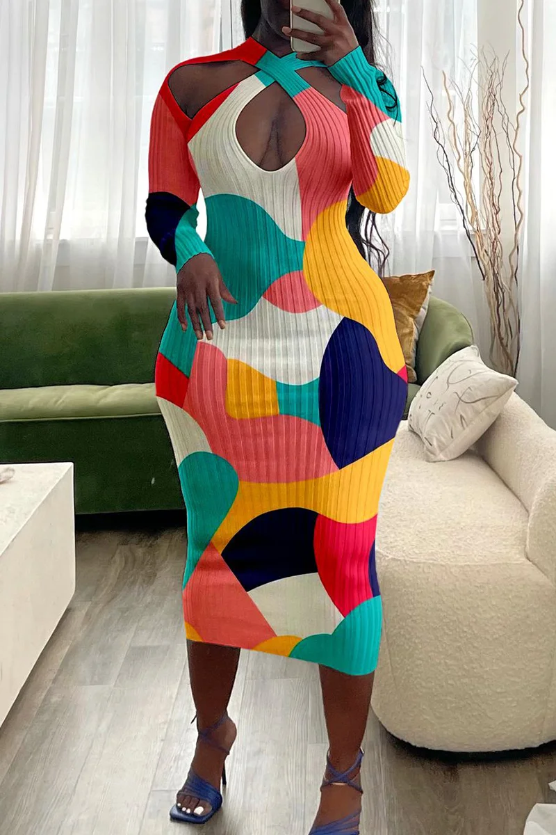 Colour Fashion Sexy Print Hollowed Out V Neck Long Sleeve Dresses | EGEMISS