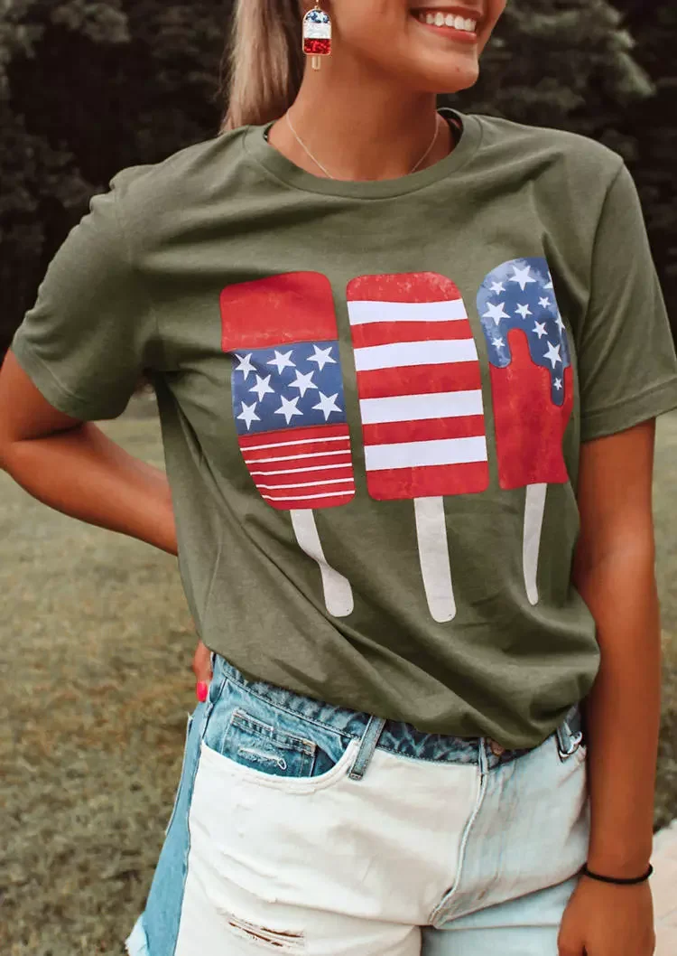 American Flag Ice Cream T-Shirt Tee - Army Green