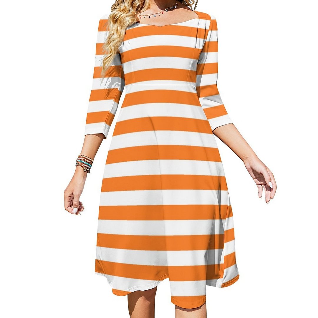Orange And White Stripes Dress Sweetheart Tie Back Flared 3/4 Sleeve Midi Dresses