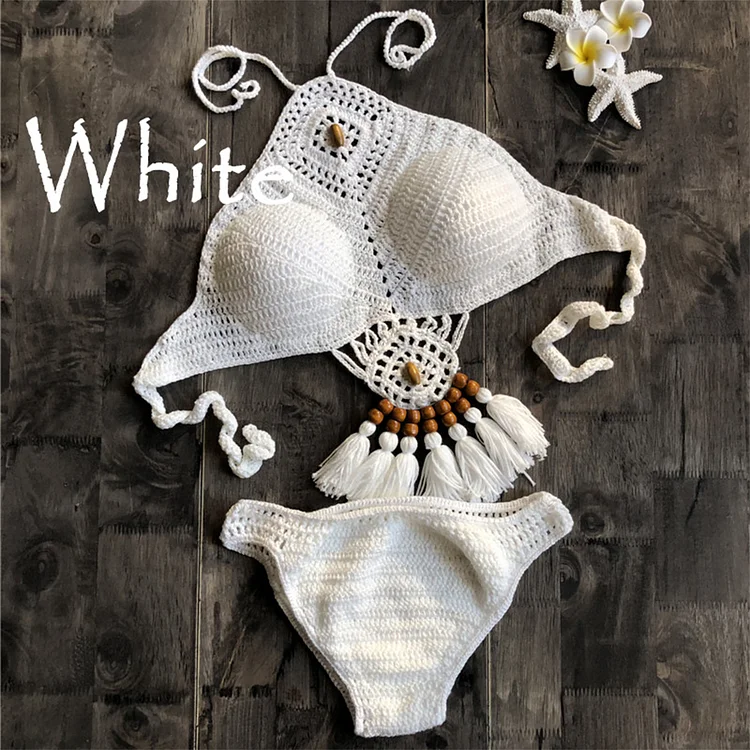 Women's sexy hollow knitted fringed swimsuit set