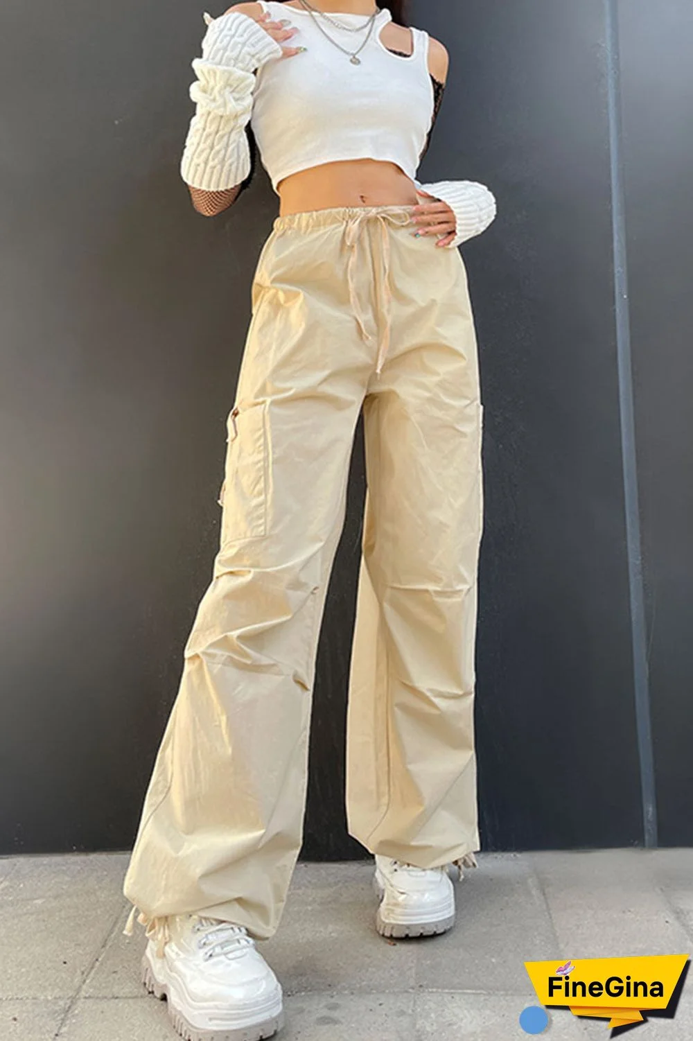 Brown Casual Street Solid Patchwork Pocket Loose Low Waist Wide Leg Solid Color Bottoms