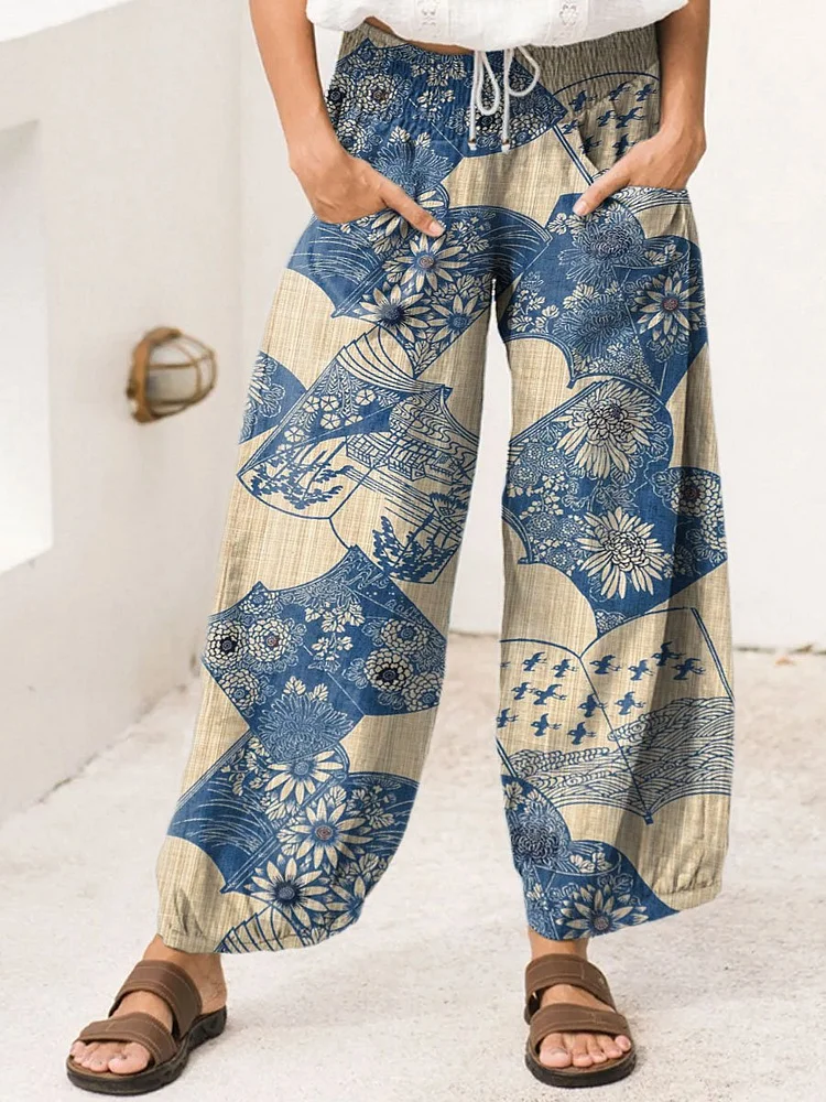 Women's Vintage Floral Book Art Cotton Wide Leg Pant