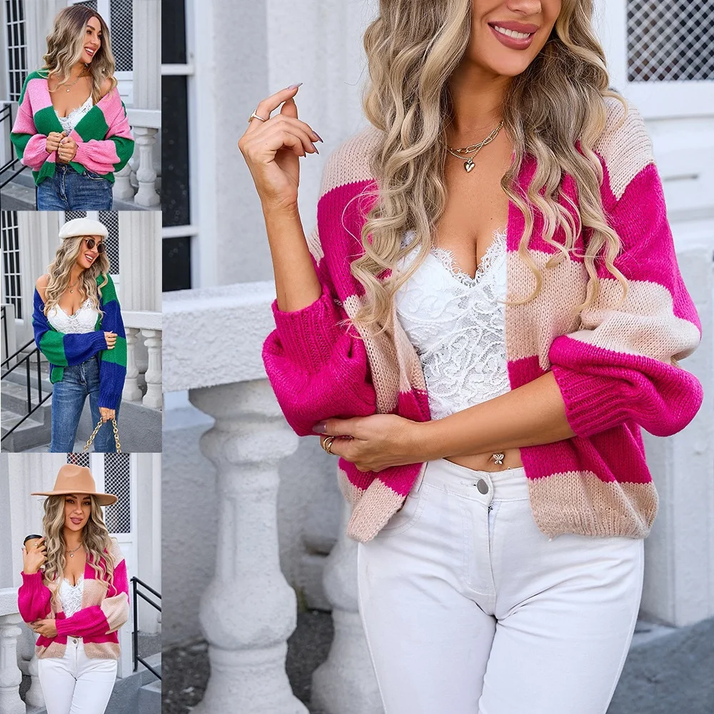 Athvotar Athvotar 2025 New Fashion Lace V-Neck Sweater Solid Color Loose Long-Sleeved Knitwear Shirt