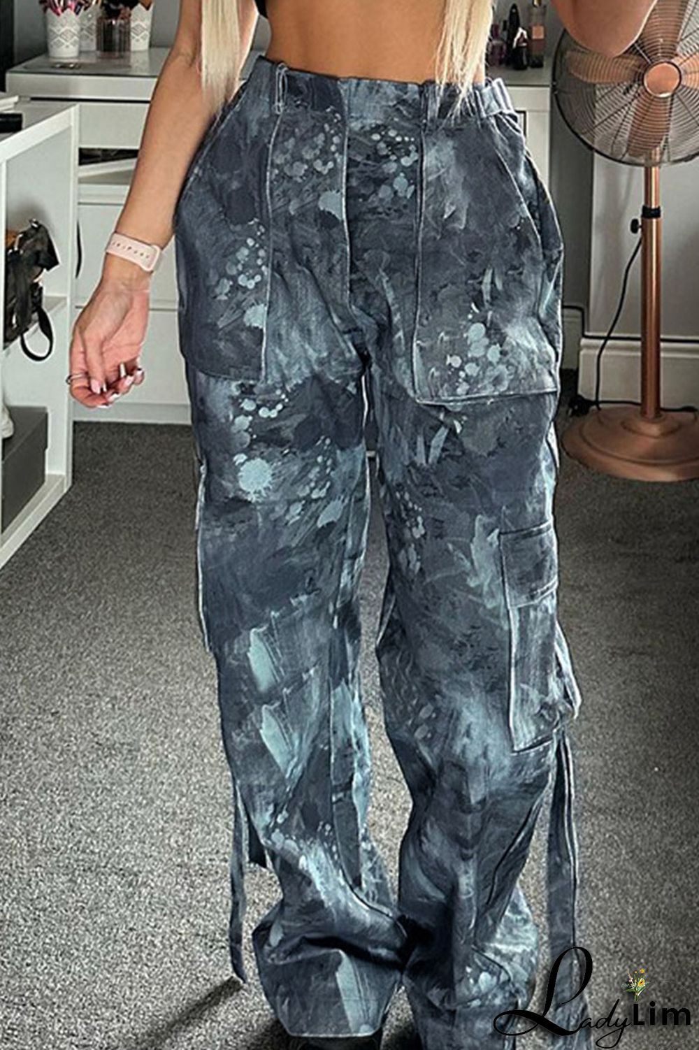 Army Green Street Print Bandage Patchwork Straight Straight Full Print Bottoms