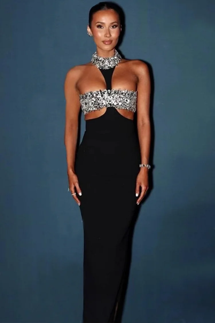 Halter Rhinestone Cut Out Maxi Dress-Black