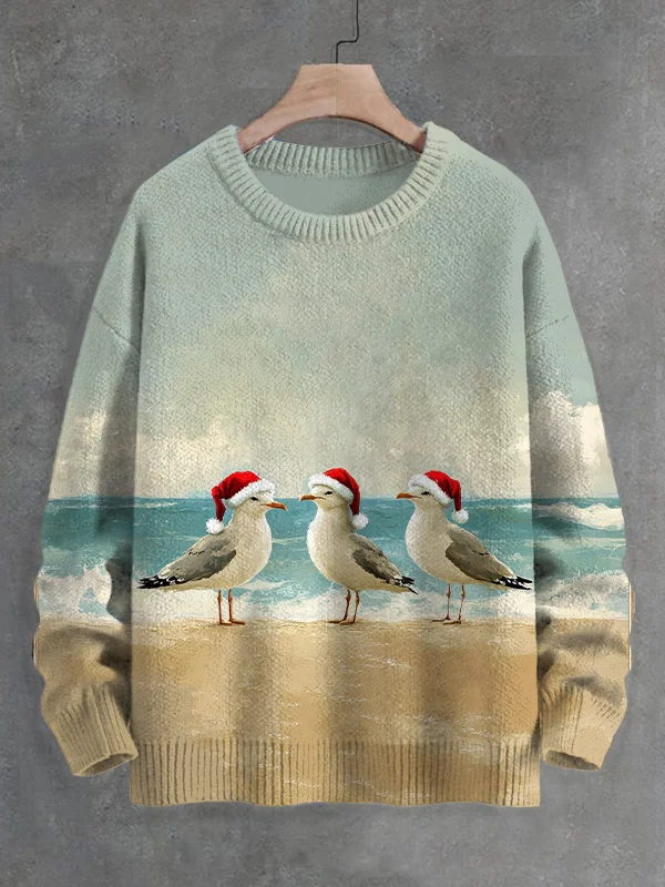 Men's Christmas Seaside Funny Seagulls Print Knit Sweatshirt