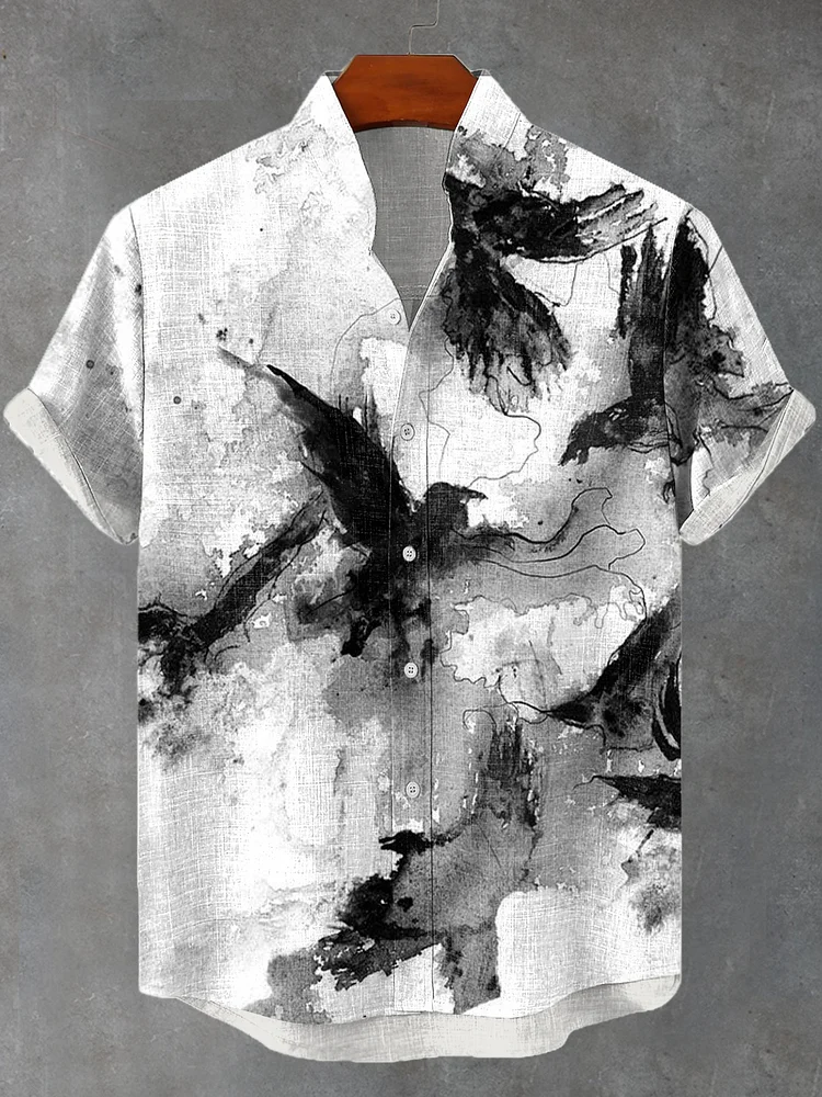 Men's Ink Painting Art Black Crow Print Casual Shirt