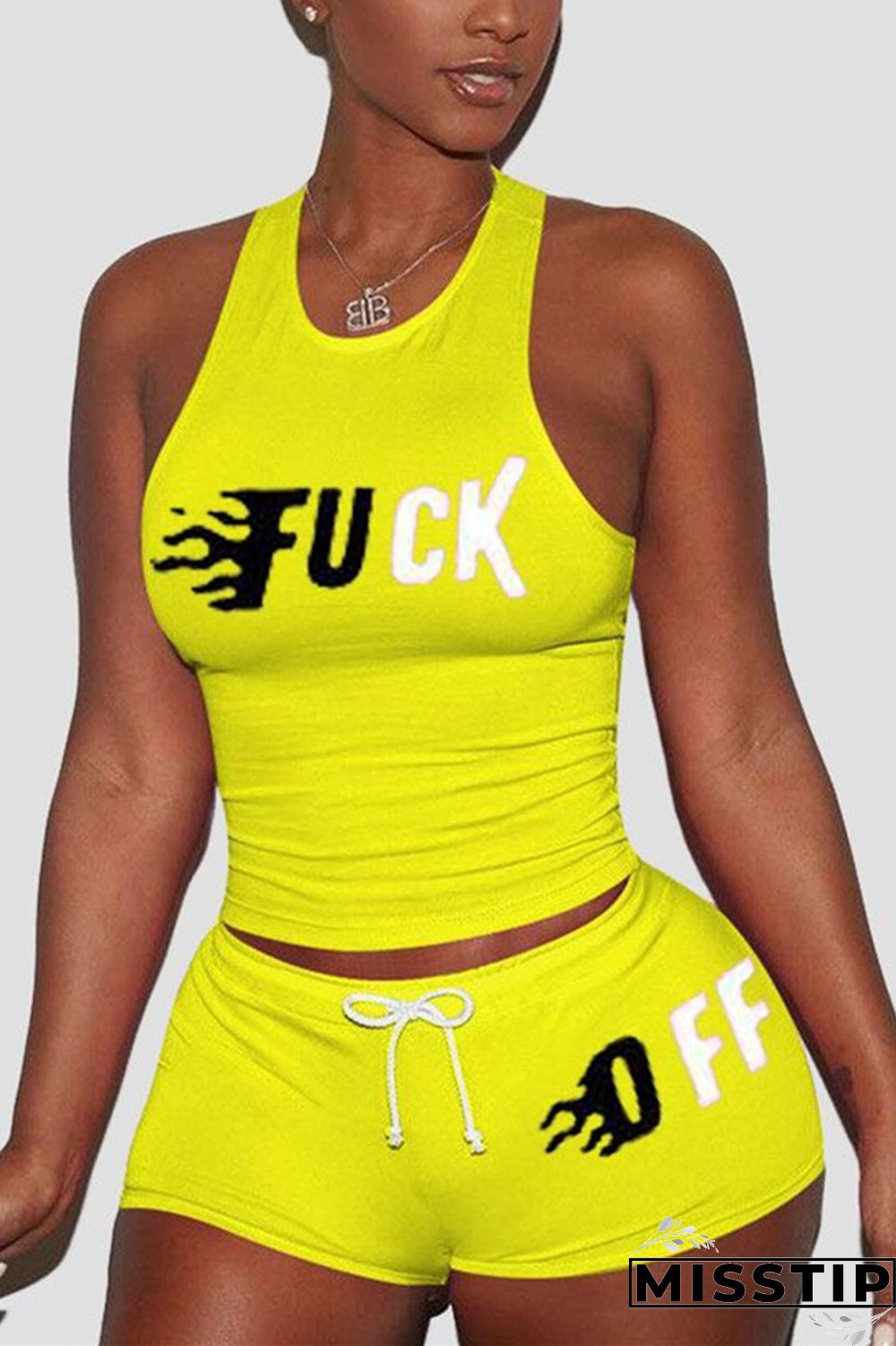 Yellow Fashion Casual Printed Sleeveless Top Sports Set